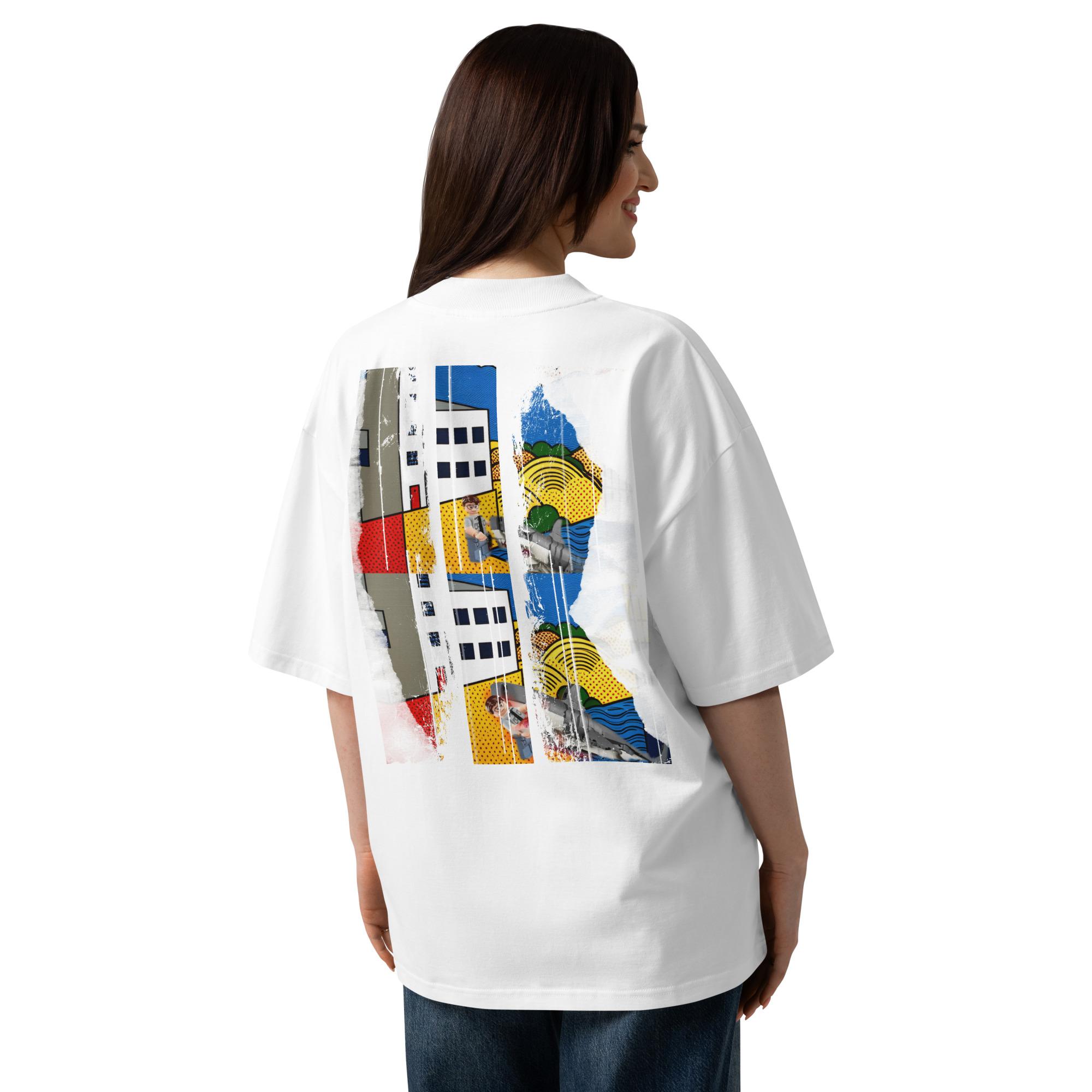 alt="T-shirt organica oversize con collo alto unisex – Shark sighted today / Predator"