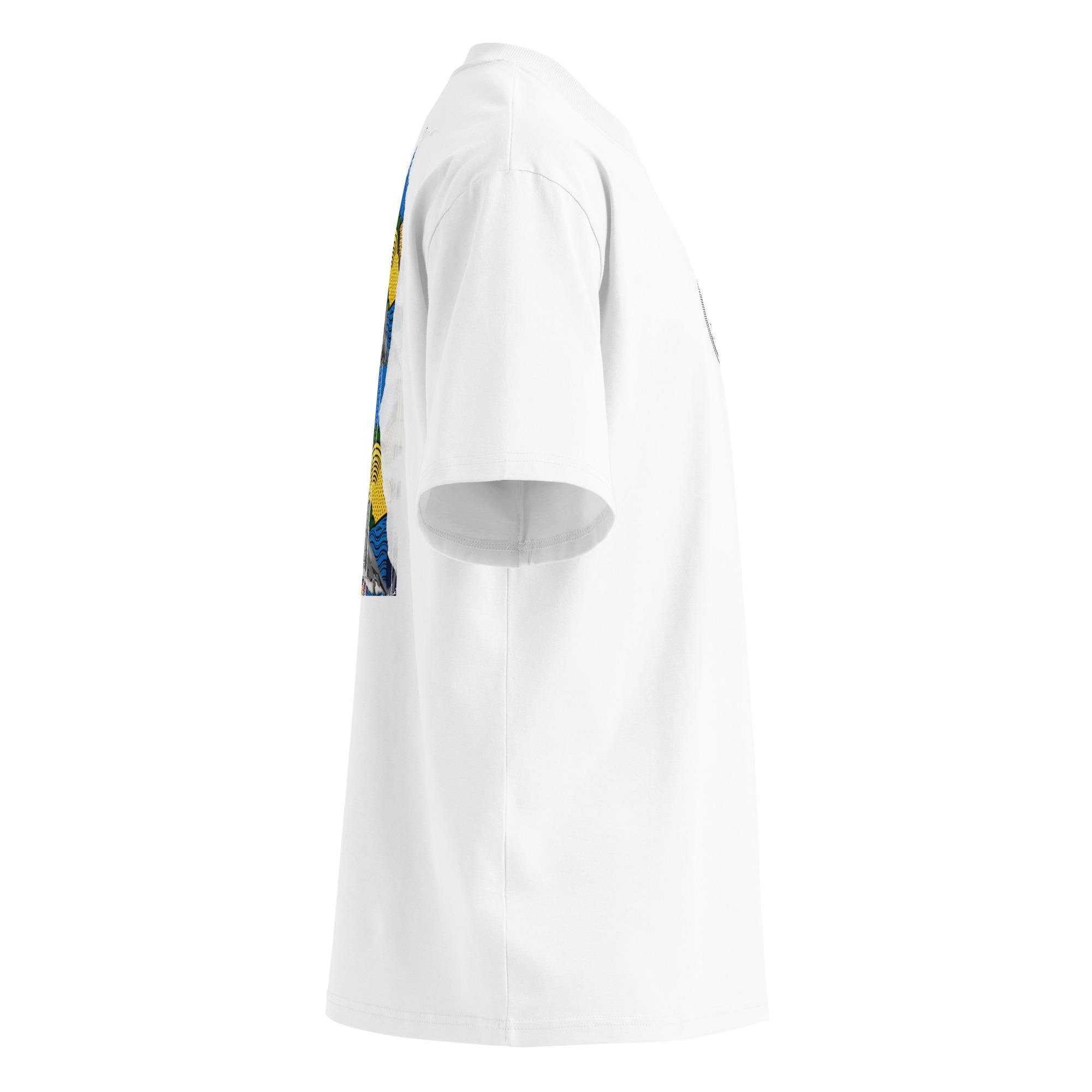 alt="T-shirt organica oversize con collo alto unisex – Shark sighted today / Predator"