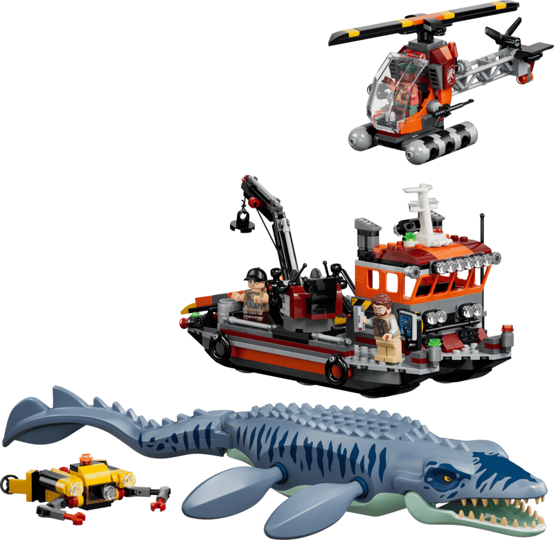 alt="Attacco alla barca del dinosauro Mosasaurus - Jurassic World™ Lego Set"
