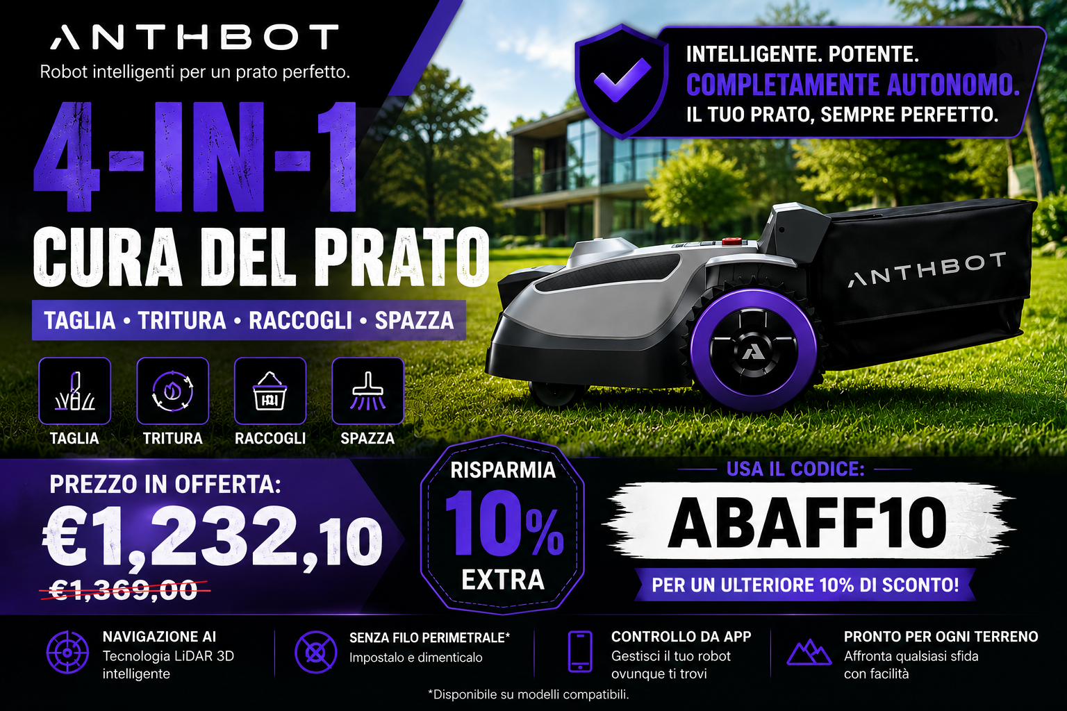 alt="ANTHBOT N8 Falcia, pacciama, raccogli, spazza il tosaerba robotizzato"