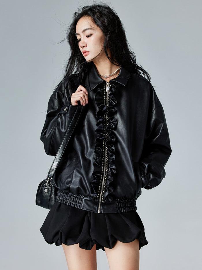 alt="MUKTANK × CUUDICLAB Leather Jacket with Flounce Edges I Mukzin Oriental Fever Brickscene"