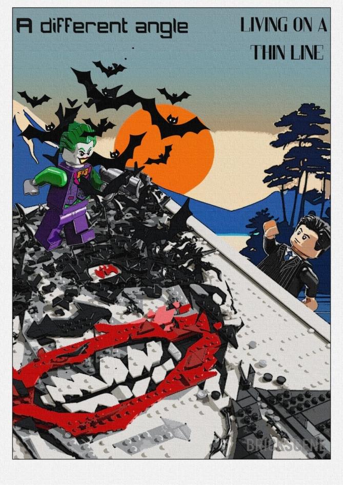 alt="Cartolina A different angle - Living on a Thin Line: il collage LEGO di Joker"
